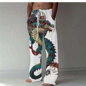 Men's White Dragon Print Pants